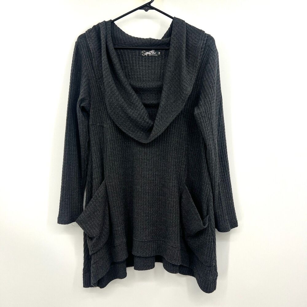 Sympli Charcoal Gray Cowl Neck Waffle Knit Tunic Sweater Pockets Made in Canada
